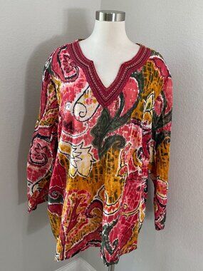 Liz & Me Womens Plus 2X Paisley Metallic Tunic Top Beaded Neckline Shirt